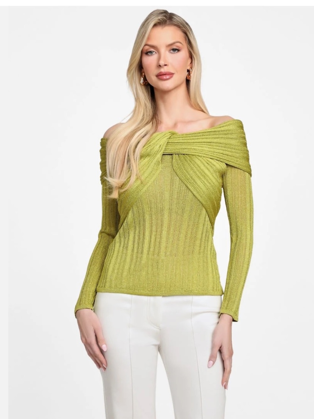 Marciano Lime Green Off-the-Shoulder Lurex Knit Sweater - Size M